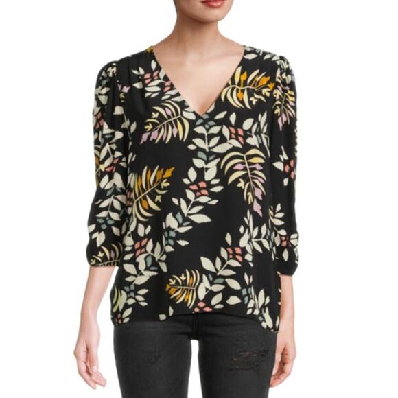 Ba&sh 1/Small Leaf Print Puff Sleeves Top Blouse Black Tan Pullover V Neck - Picture 1 of 9